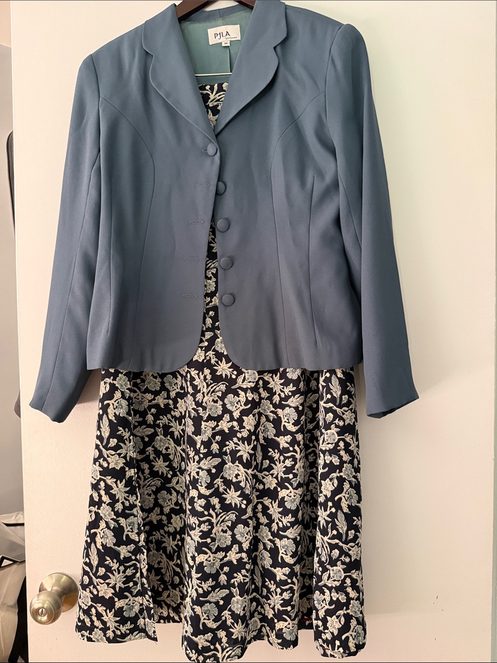 PJLA Dusty Blue Blazer with Navy Floral Skirt